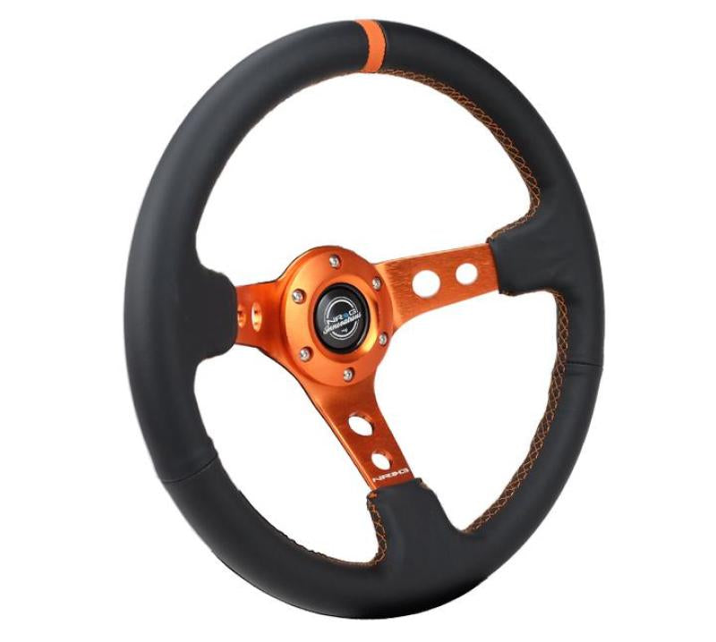 NRG RST-006OR Reinforce Steering Wheel (350mm / 3in. Deep) Blk Leather, Orange Center Mark w/ Orange Stitching