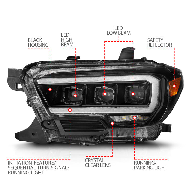 ANZO 111562 16-22 Toyota Tacoma SR/SR5 ONLY Full LED Proj Headlights w/Light Bar Seq. Blk w/Initiation Lgt