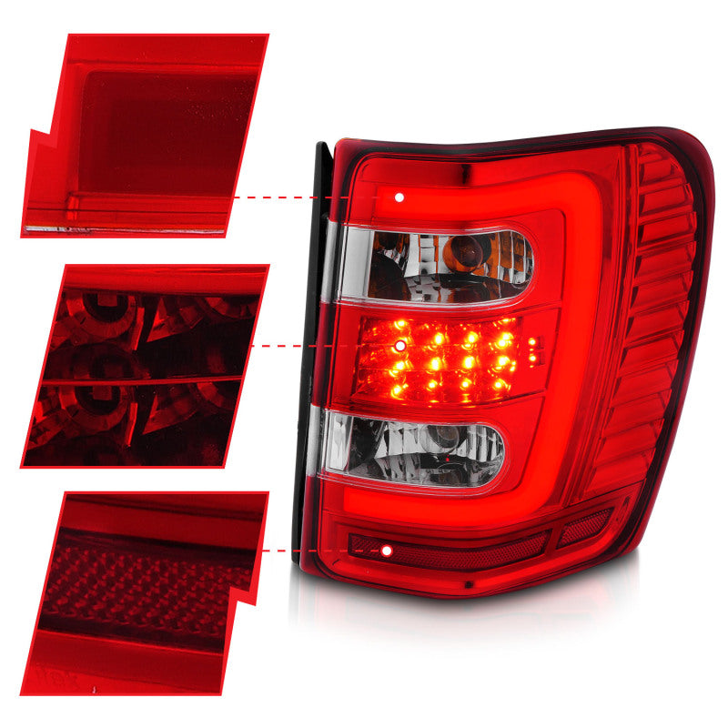 ANZO 311396 1999-2004 Jeep Grand Cherokee LED Tail Lights w/ Light Bar Chrome Housing Red/Clear Lens
