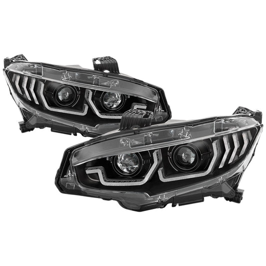 SPYDER 5086099 Spyder 16-18 Honda Civic 4Dr w/LED Seq Turn Sig Lights Proj Headlight - Black - PRO-YD-HC16-SEQ-BK