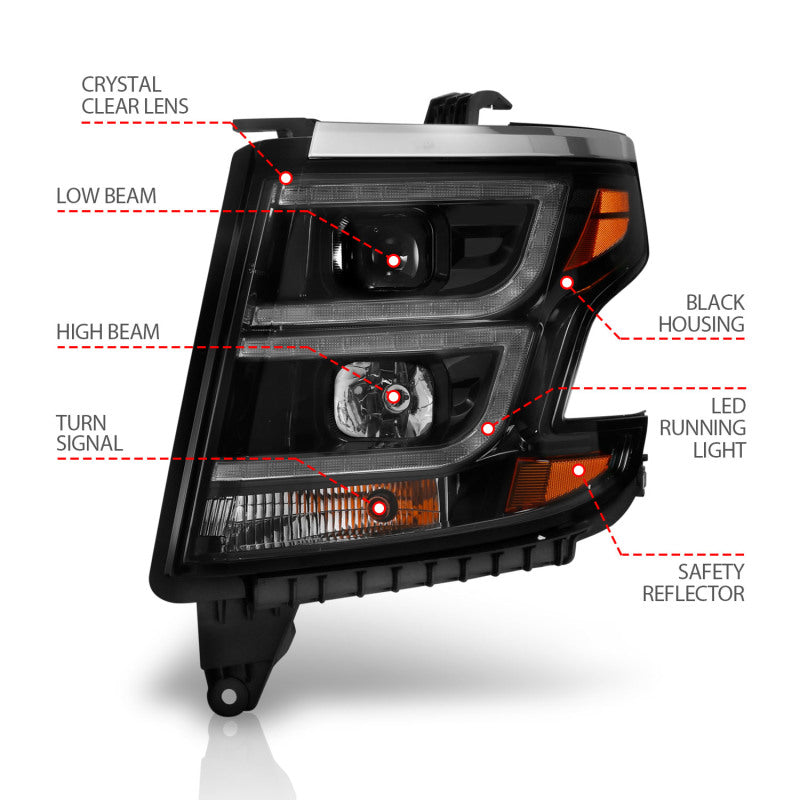 ANZO 111492 2015-2020 Chevy Tahoe Projector Headlights Plank Style Black w/DRL