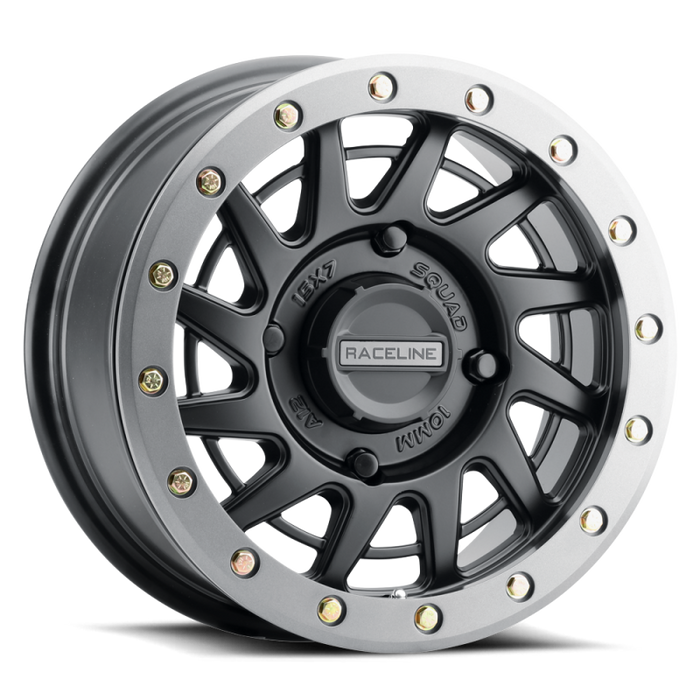 Raceline A12BG-57037+38 A12BG Squad 15x7in/4x137 BP/38mm Offset/110.18mm Bore - BLK & Gunmetal Ring Beadlock Wheel
