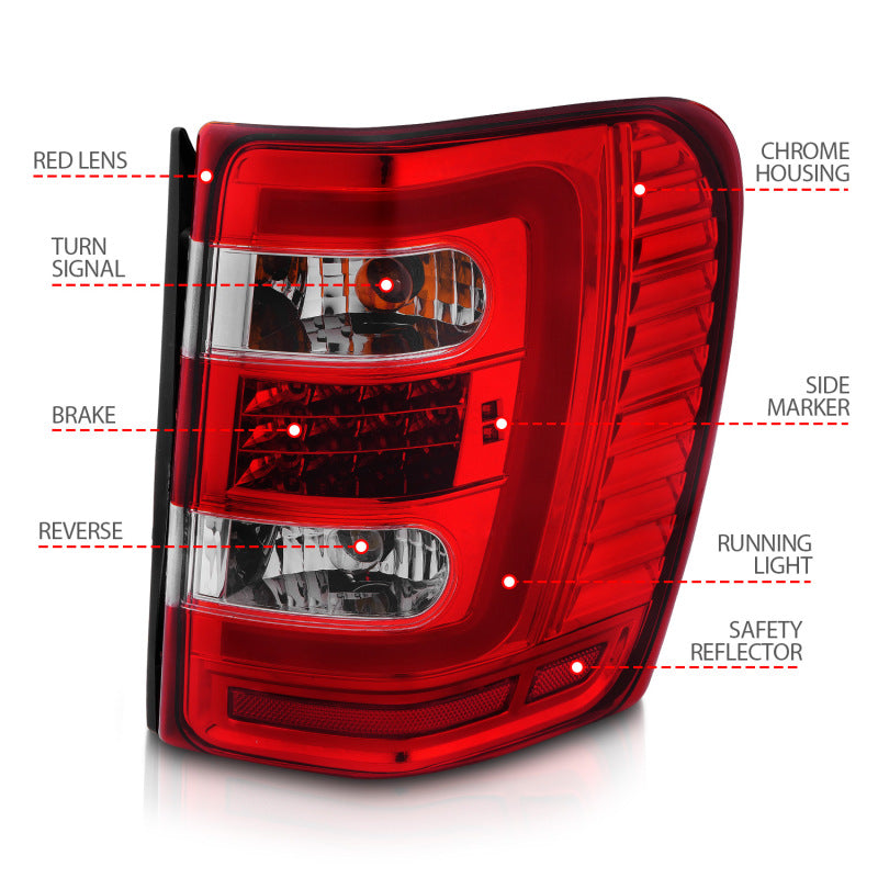 ANZO 311396 1999-2004 Jeep Grand Cherokee LED Tail Lights w/ Light Bar Chrome Housing Red/Clear Lens