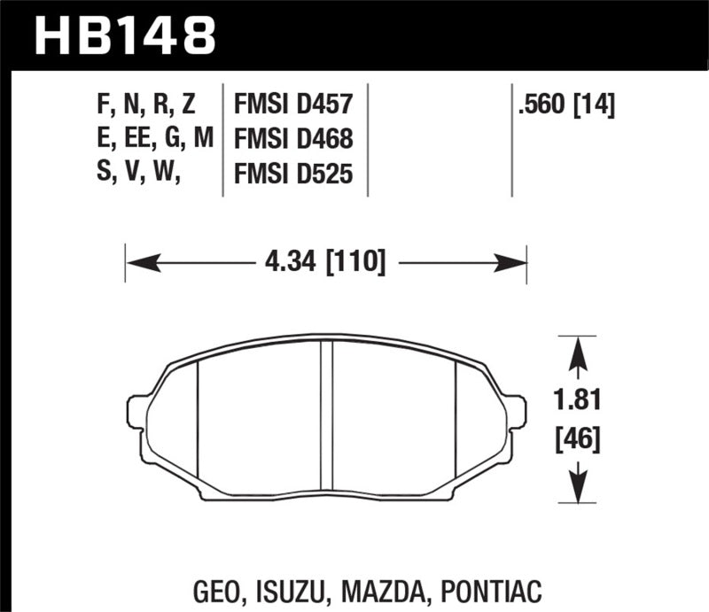 Hawk Performance HB148W.560 Hawk 90-93 Geo Storm / 90-92 Isuzu Impulse / 90-93 Mazda Miata DTC-30 Front Race Pads