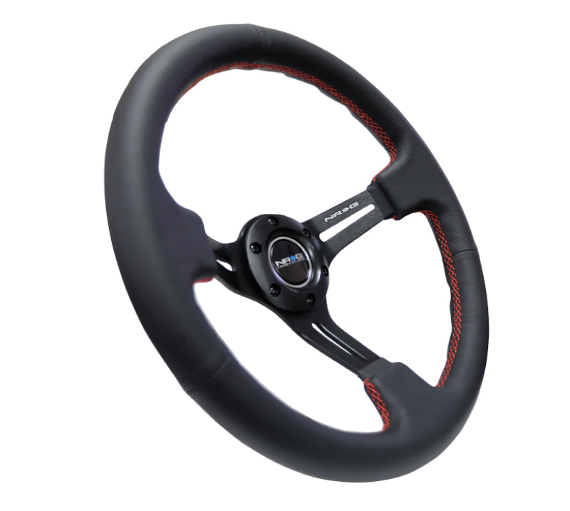NRG RST-018R-RS Reinforced Steering Wheel (350mm / 3in. Deep) Black Leather/Red Stitch & Blk 3-Spoke w/Slits