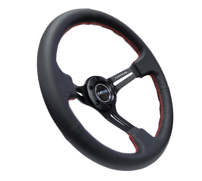 NRG RST-018R-RS Reinforced Steering Wheel (350mm / 3in. Deep) Black Leather/Red Stitch & Blk 3-Spoke w/Slits