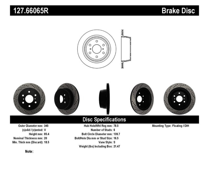 Stoptech 127.66065R StopTech 05-10 GMC Sierra (w/ Rear Drum) / 07-09 GMC Yukon Rear Right Slotted & Drilled Rotor