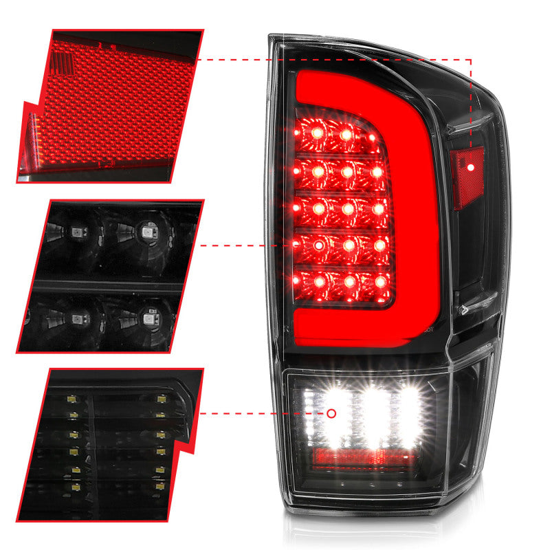 ANZO 311400 16-21 Toyota Tacoma LED Tail Lights - w/ Light Bar Sequential Black Housing & Clear Lens