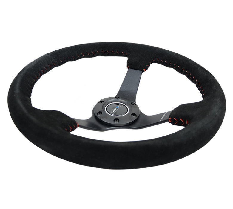 NRG RST-036MB-S-RD Reinforced Steering Wheel (350mm / 3in. Deep) Blk Suede/Red BBall Stitch w/5mm Matte Blk Spokes