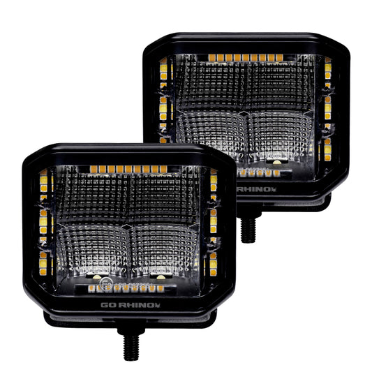 Go Rhino 750700322FCS Xplor Blackout Combo Series Cube Sideline LED Flood Lights w/Amber 4x3 - Blk (Pair)