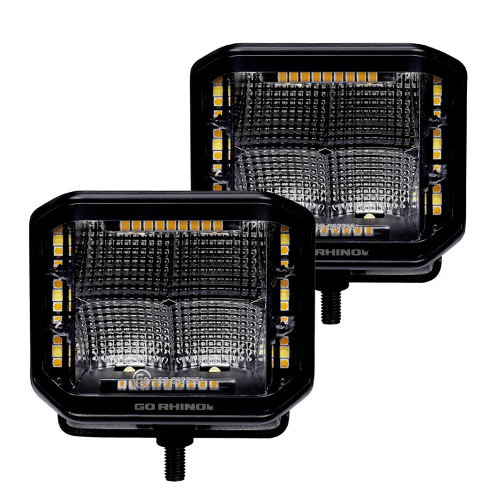 Go Rhino 750700322FCS Xplor Blackout Combo Series Cube Sideline LED Flood Lights w/Amber 4x3 - Blk (Pair)