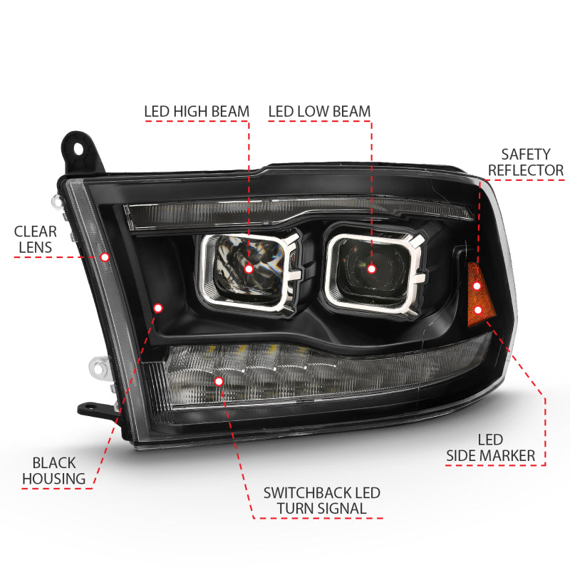 ANZO 111464 2009-2018 Dodge RAM 1500 Led Projector Plank Style Switchback H.L Halo Black Amber (OE Style)