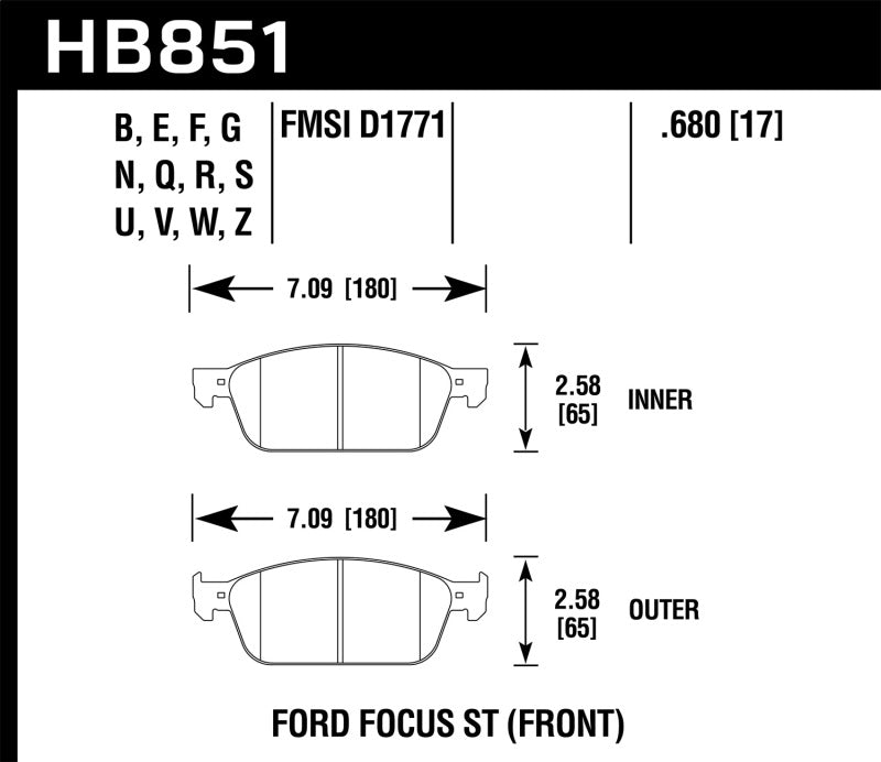 Hawk Performance HB851Z.680 Hawk 15-16 Ford Focus ST Performance Ceramic Street Brake Pads