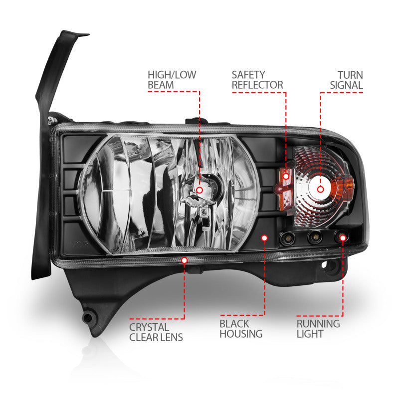 ANZO 111205 1994-2001 Dodge RAM Crystal Headlights Black w/ LED