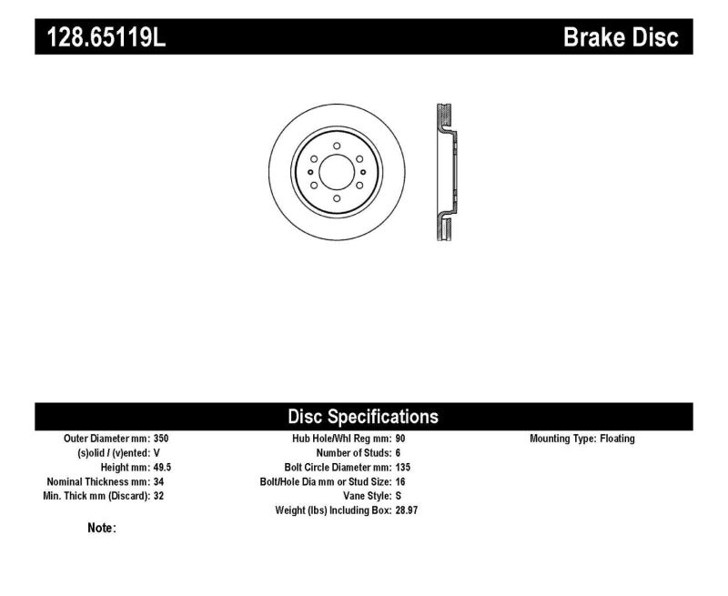 Stoptech 128.65119L StopTech Drilled Sport Brake Rotor