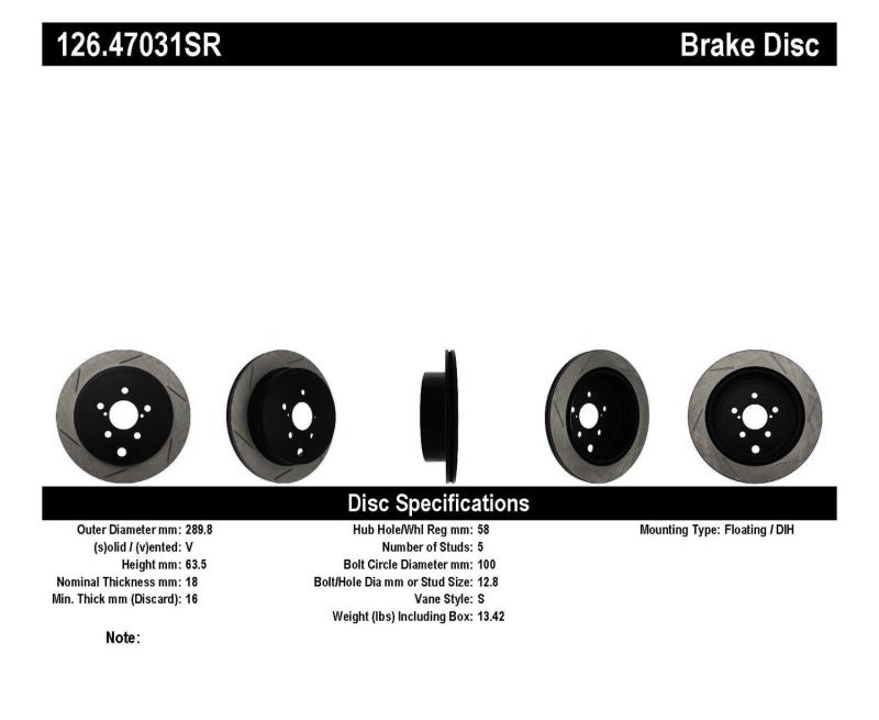 Stoptech 126.47031SR StopTech Power Slot 13 Scion FR-S / 13 Subaru BRZ Rear Right Slotted Rotor