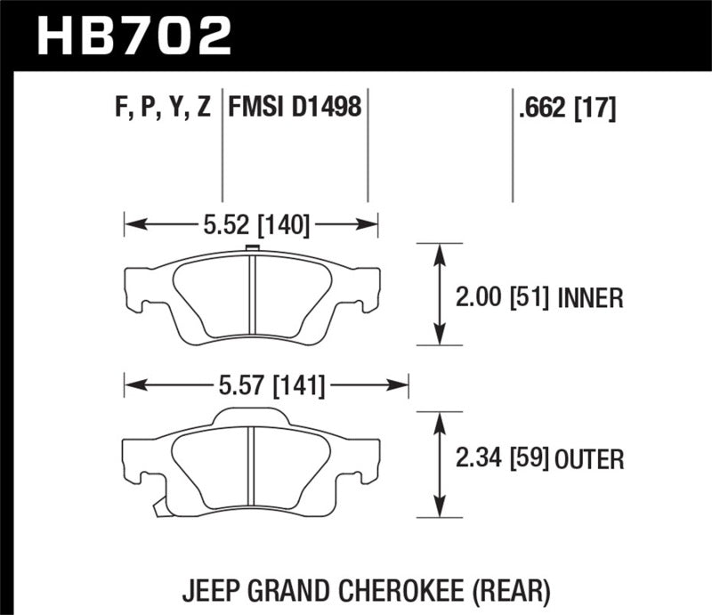 Hawk Performance HB702Z.662 Hawk 11-12 Dodge Durango / 11-12 Jeep Grand Cherokee Perf Ceramic Rear Street Brake Pads