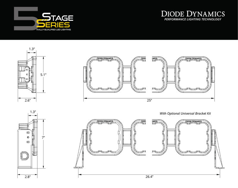 Diode Dynamics DD6795 SS5 Sport Universal CrossLink 4-Pod Lightbar - Yellow Combo