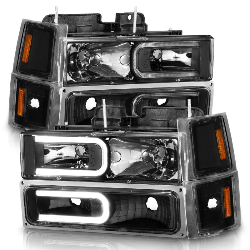 ANZO 111528 88-98 Chevrolet C1500 Crystal Headlights w/ Light Bar Black Housing w/ Signal Side Markers 8Pcs