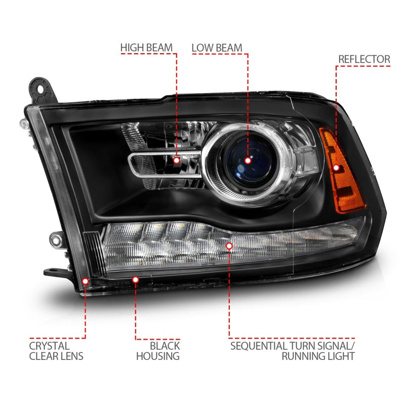 ANZO 111609 09-18 Dodge RAM 1500/2500/3500 LED Plank Style Headlights Switchback + Sequential - Matte Black