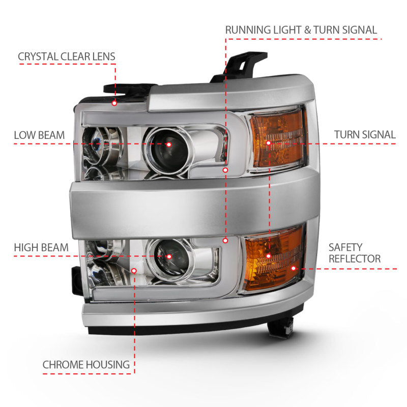 ANZO 111360 2015-2016 Chevrolet Silverado Projector Headlights w/ Plank Style Design Chrome w/ Amber