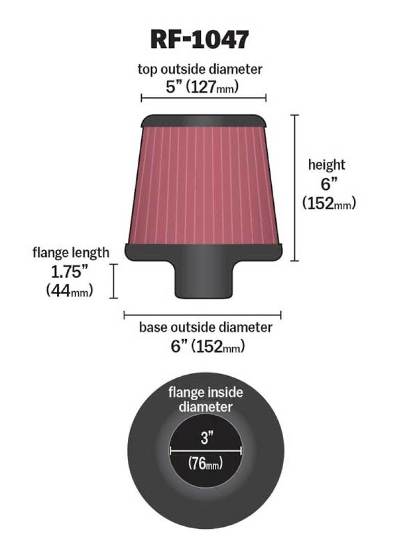K&N Engineering RF-1047 K&N Round Tapered Universal Air Filter 3 inch Flange 6 inch Base 5 inch Top 6 inch Height