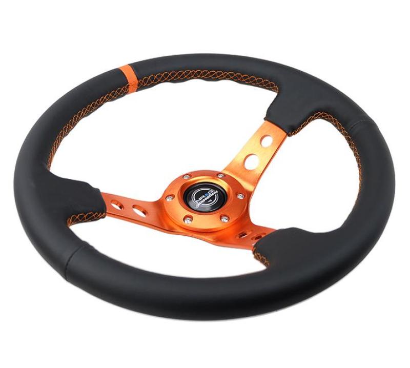 NRG RST-006OR Reinforce Steering Wheel (350mm / 3in. Deep) Blk Leather, Orange Center Mark w/ Orange Stitching
