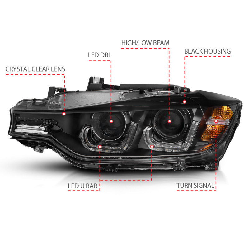 ANZO 121504 2012-2015 BMW 3 Series Projector Headlights w/ U-Bar Black
