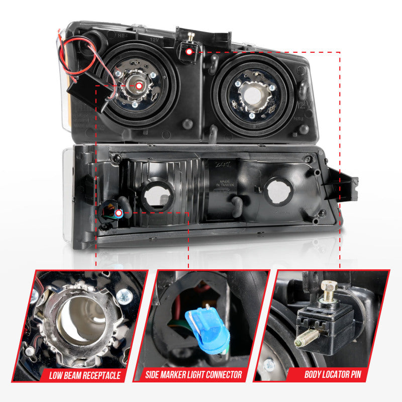 ANZO 111501 2003-2006 Chevrolet Silverado 1500 Crystal Headlights w/ Light Bar Black Housing