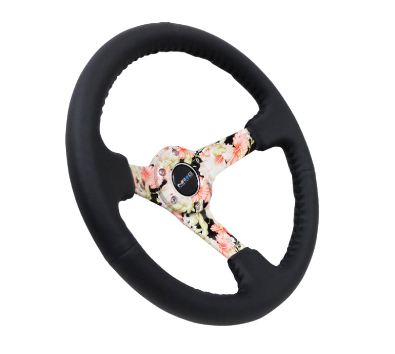 NRG RST-036FL-R Reinforced Steering Wheel (350mm / 3in. Deep) Blk Leather Floral Dipped w/ Blk Baseball Stitch