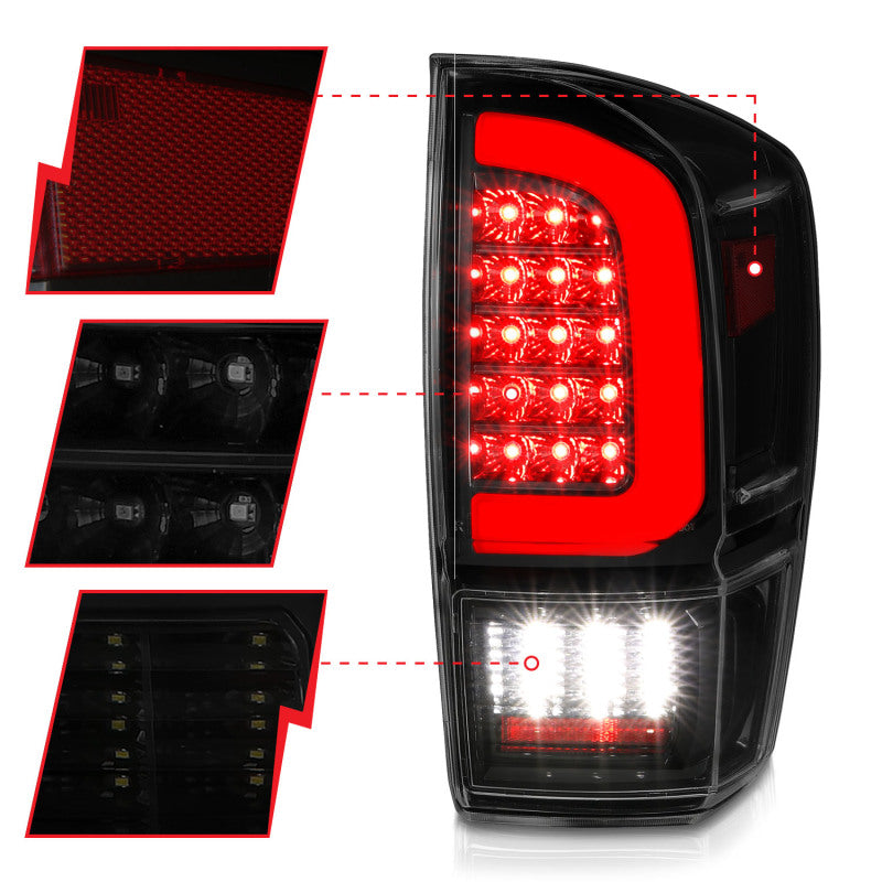 ANZO 311401 16-21 Toyota Tacoma LED Tail Lights - w/ Light Bar Sequential Black Housing & Smoke Lens