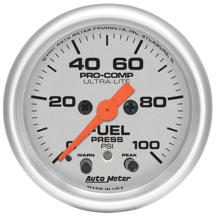 AutoMeter 4371 Autometer Ultra-Lite 52mm 0-100 PSI Fuel Pressure w/ Peak Memory Warning Gauge