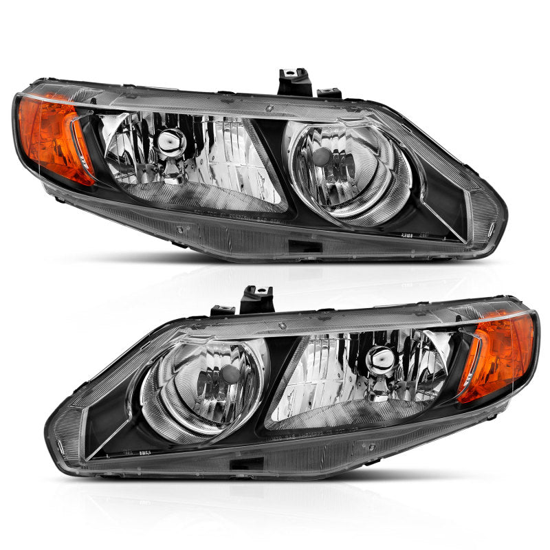ANZO 121547 2006-2011 Honda Civic 4 Door Crystal Headlight Black Amber (OE Replacement)
