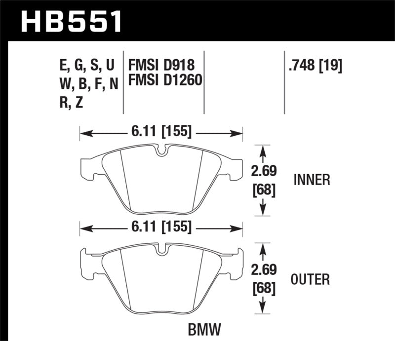 Hawk Performance HB551Z.748 Hawk 07-09 BMW 335d/335i/335xi / 08-09 328i/M3 Performance Ceramic Street Front Brake Pads