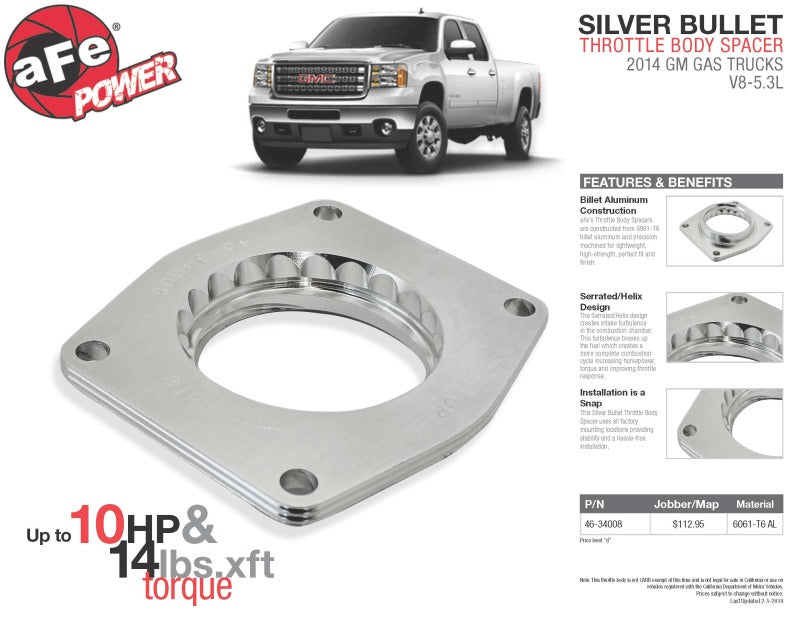 aFe 46-34008 Silver Bullet Throttle Body Spacers TBS 2014 GM Silverado/Sierra 1500 V8 5.3L