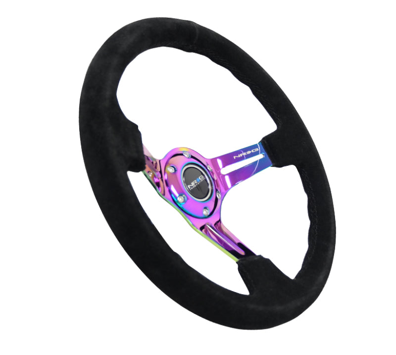 NRG RST-018S-MCBS Reinforced Steering Wheel (350mm / 3in. Deep) Blk Suede/Blk Stitch w/Neochrome Slits