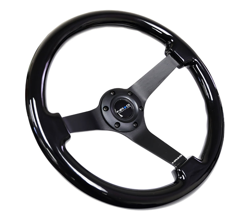 NRG RST-036BK-BK Reinforced Steering Wheel (350mm / 3in. Deep) Black w/Black Chrome Solid 3-Spoke Center