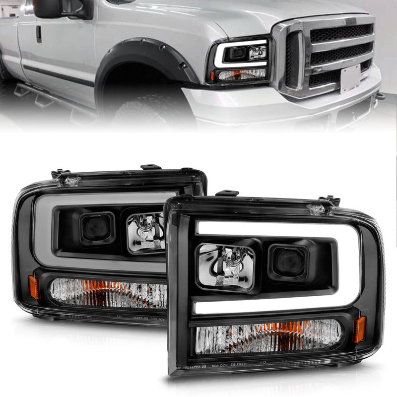 ANZO 111551 99-04 Ford F250/F350/F450/Excursion (excl 99) Projector Headlights - w/ Light Bar Black Housing