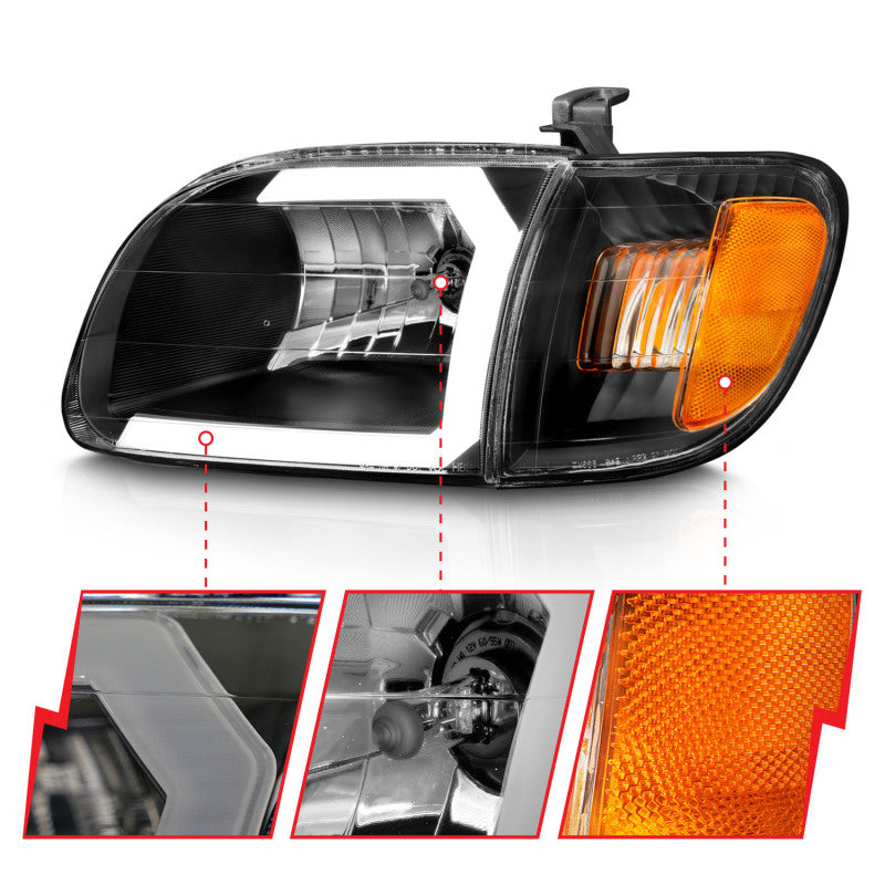 ANZO 111579 00-04 Toyota Tundra (Fits Reg/Acc Cab Only) Crystal Headlights w/Light Bar Black w/Corner Light