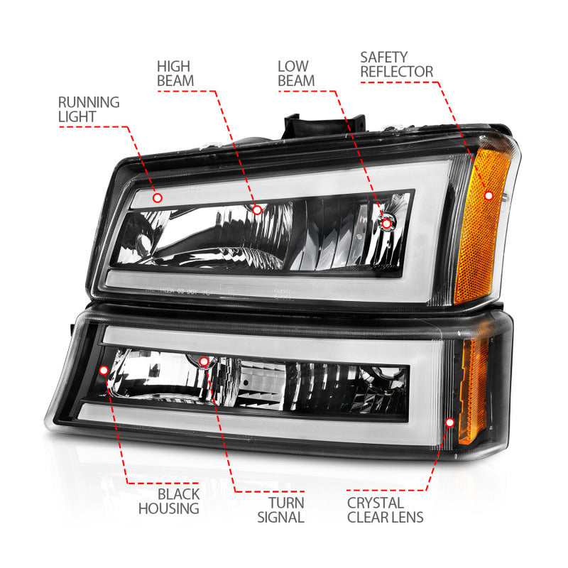 ANZO 111501 2003-2006 Chevrolet Silverado 1500 Crystal Headlights w/ Light Bar Black Housing