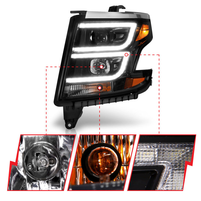 ANZO 111492 2015-2020 Chevy Tahoe Projector Headlights Plank Style Black w/DRL
