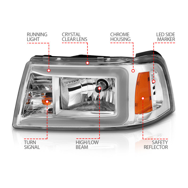 ANZO 111512 2001-2011 Ford Ranger Crystal Headlights w/ Light Bar Chrome Housing