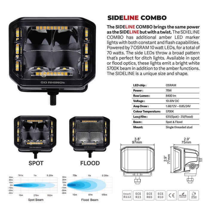 Go Rhino 750700322FCS Xplor Blackout Combo Series Cube Sideline LED Flood Lights w/Amber 4x3 - Blk (Pair)