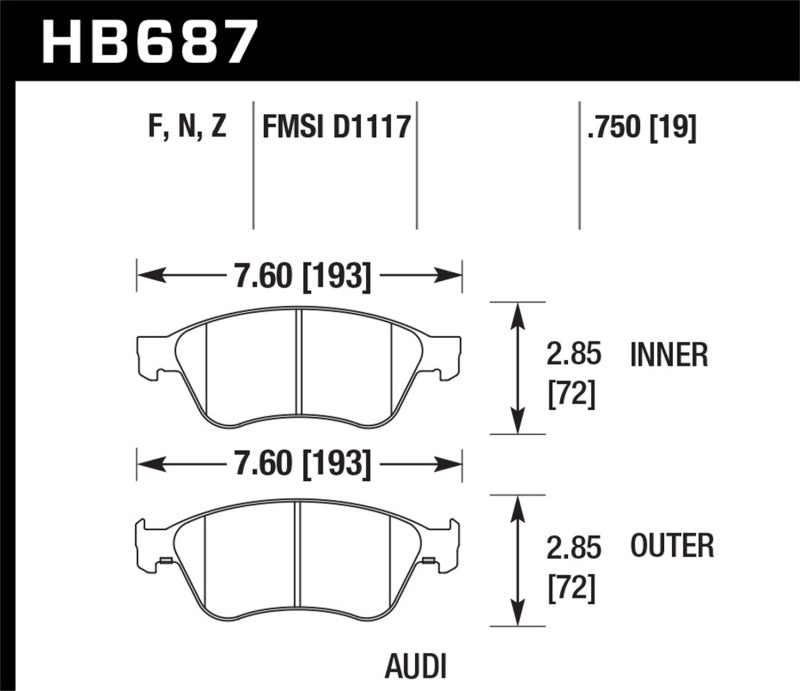 Hawk Performance HB687F.750 Hawk 04-10 Audi A8 Quattro / 07-11 S6 / 07-10 S8 / 04-06 VW Phaeton HPS Front Street Brake Pads