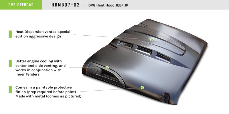 DV8 Offroad HDMB07-02 07-18 Jeep Wrangler JK Metal Heat Dispersion Hood - Primer Black