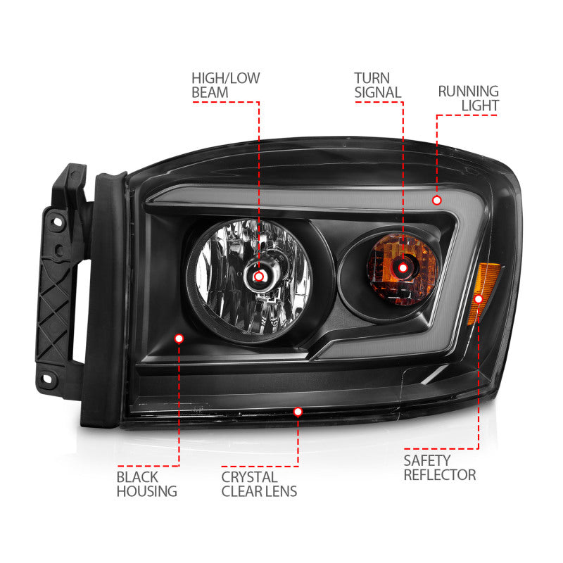 ANZO 111524 06-09 Dodge RAM 1500/2500/3500 Headlights Black Housing/Clear Lens (w/ Light Bars)