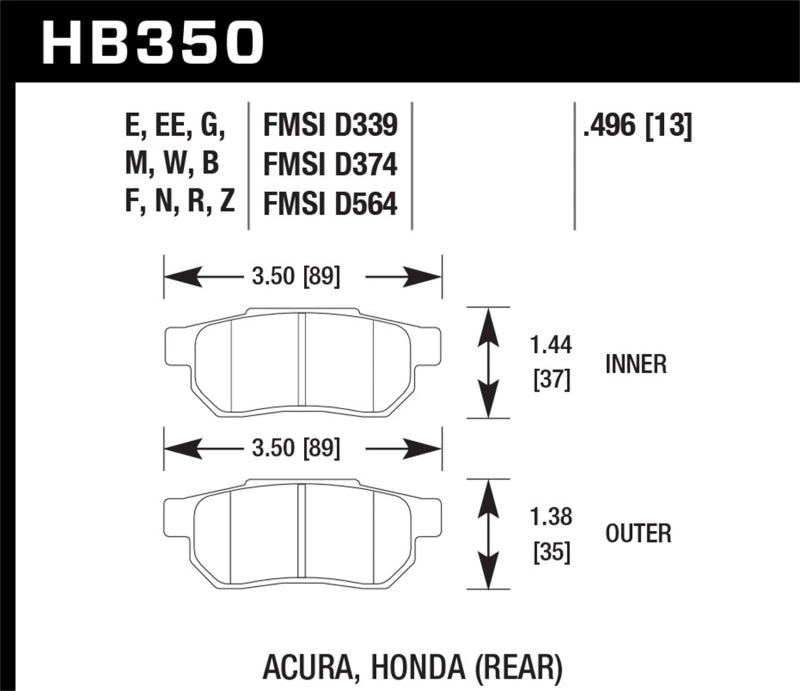 Hawk Performance HB350N.496 Hawk 90-01 Acura Integra (excl Type R) / 98-00 Civic Coupe Si HP+ Street Rear Brake Pads