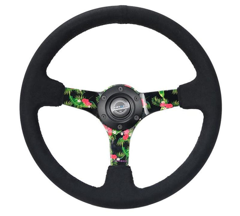 NRG RST-036TROP-S Reinforced Steering Wheel (350mm / 3in. Deep) Black Suede w/ 5mm Floral 3-Spoke Center