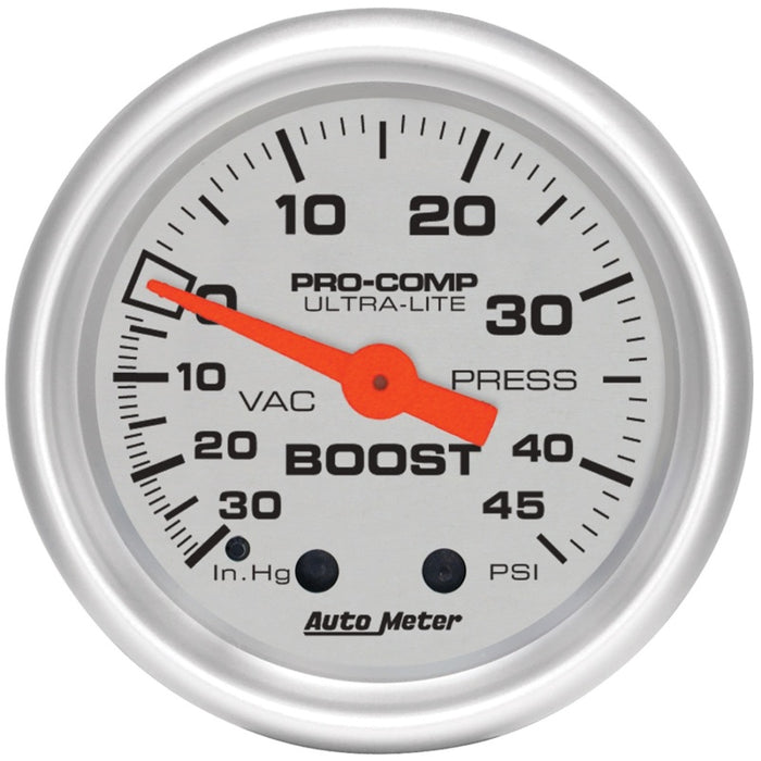 AutoMeter 4308 Autometer Ultra-Lite 52mm 30 IN HG/45 PSI Mechanical Boost/Vacuum Gauge
