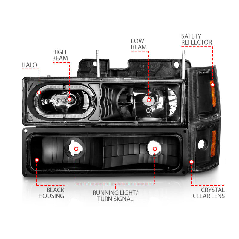 ANZO 111507 88-98 Chevrolet C1500 Crystal Headlights Black Housing w/ Signal and Side Marker Lights
